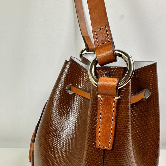Dooney & Bourke Leather Drawstring Bucket Shoulder Bag Brown/Cream - Picture 8 of 14